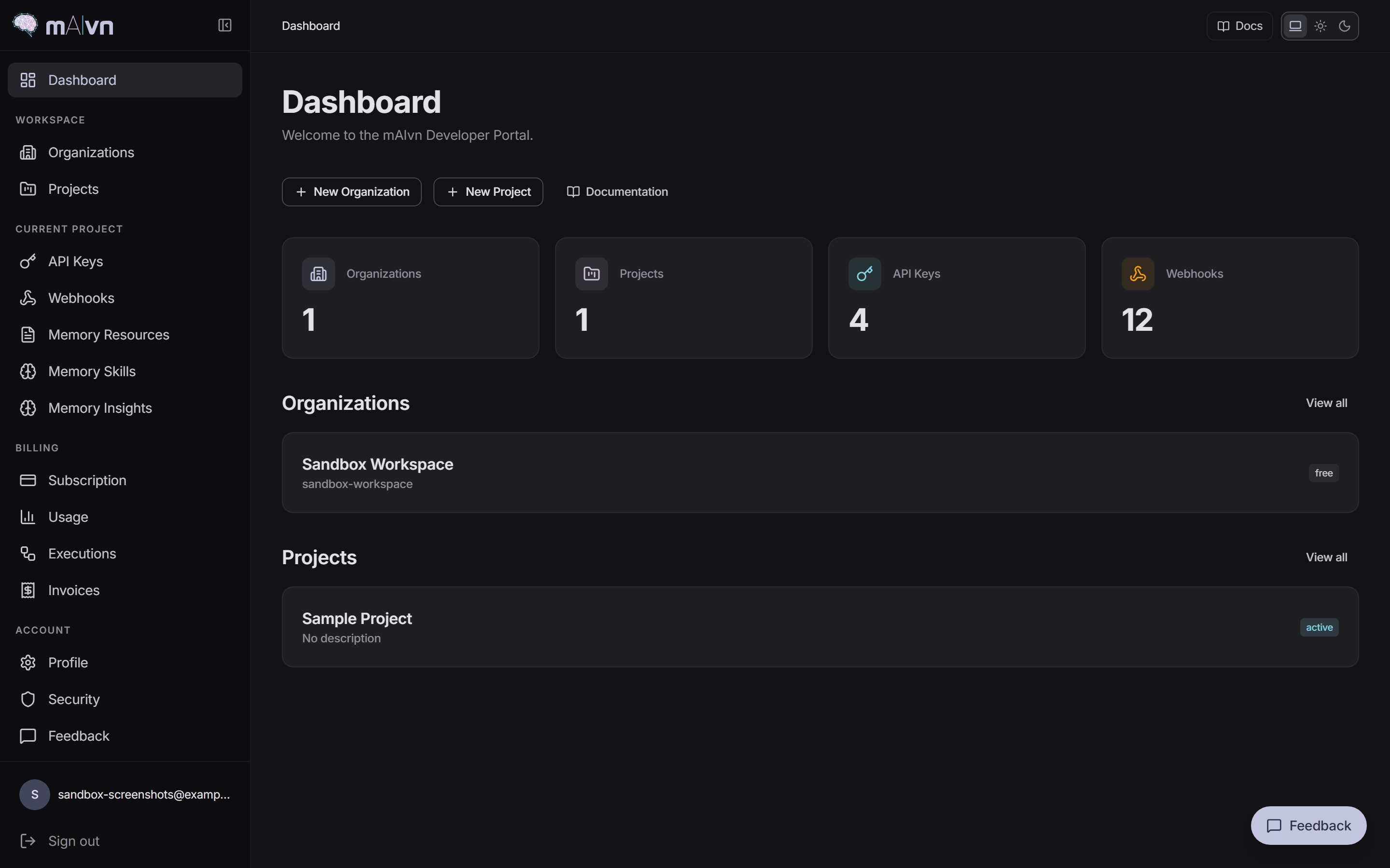 Developer Portal workspace dashboard