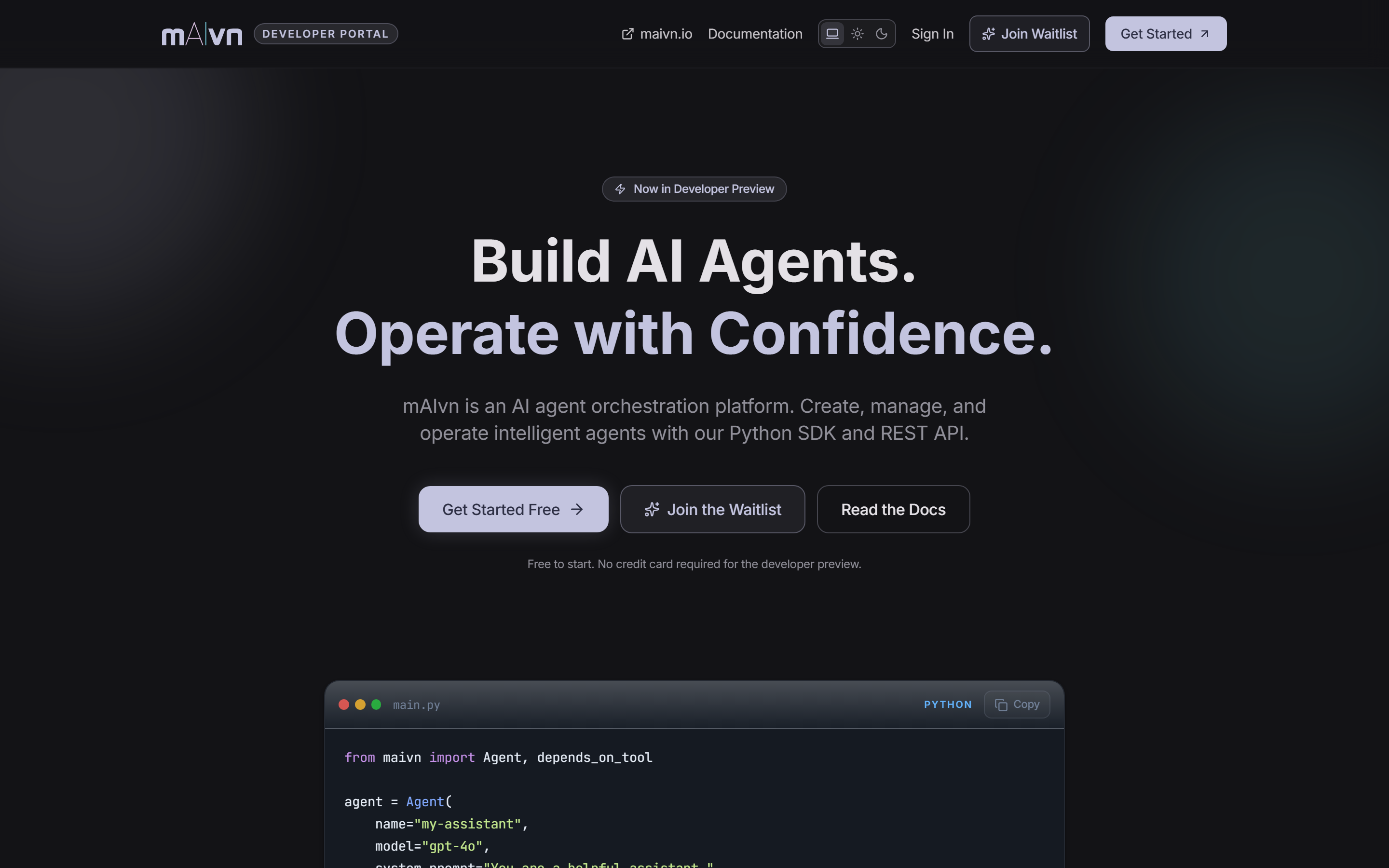Developer Portal landing and sign-in entry