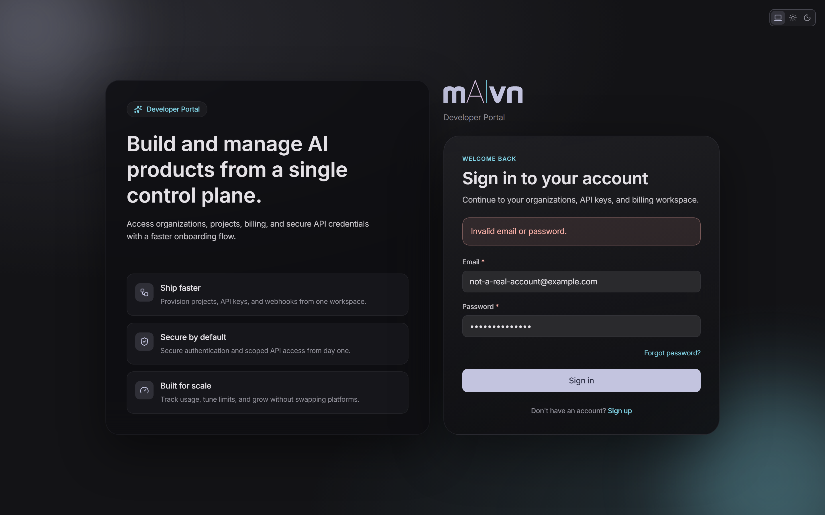 Portal login form with invalid-credentials message