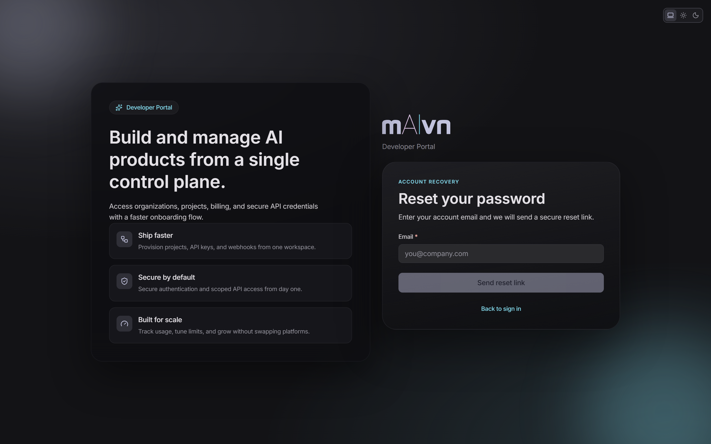 Forgot-password request and password-reset confirmation screens