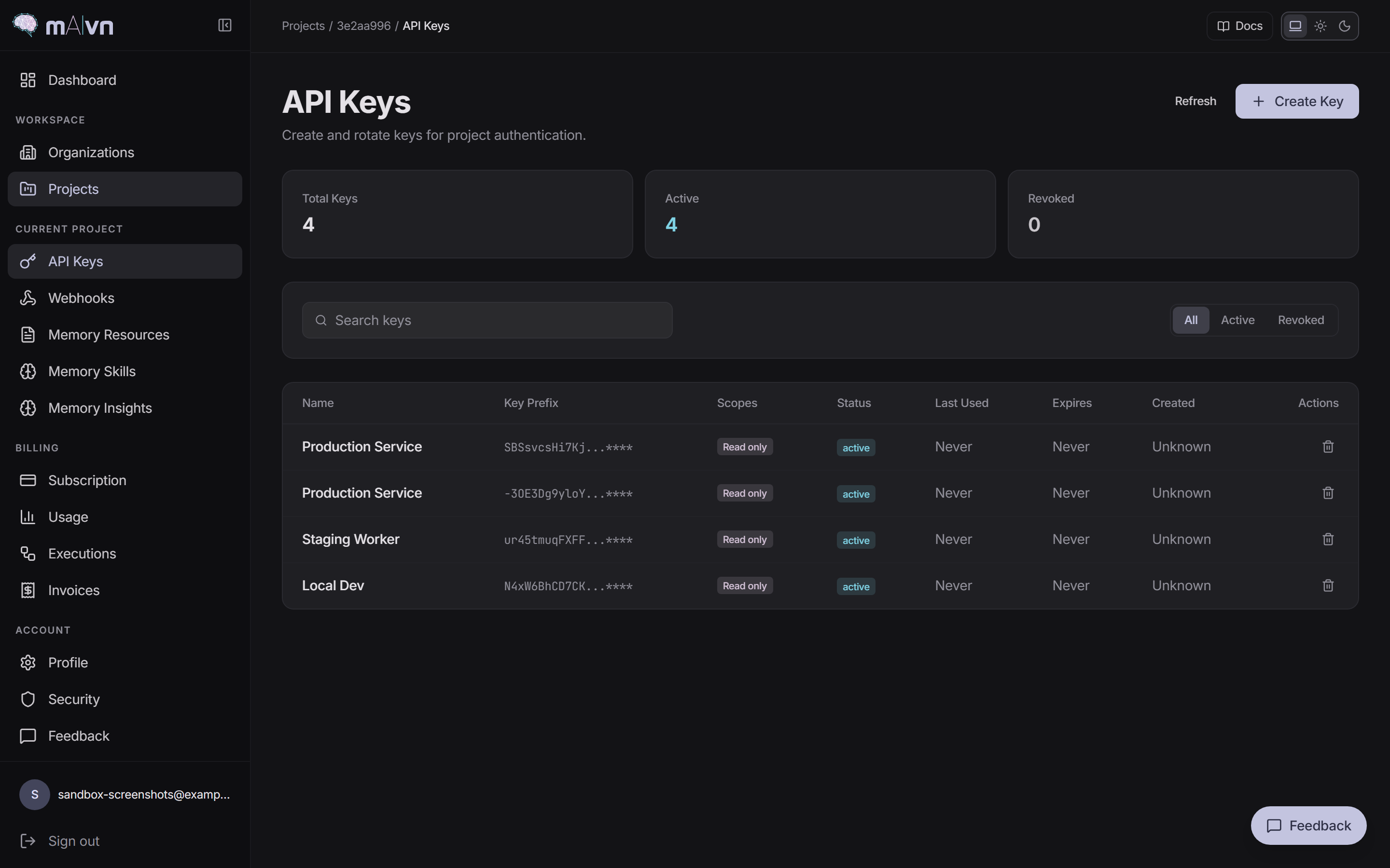 Project API keys table with active keys and the key-creation modal