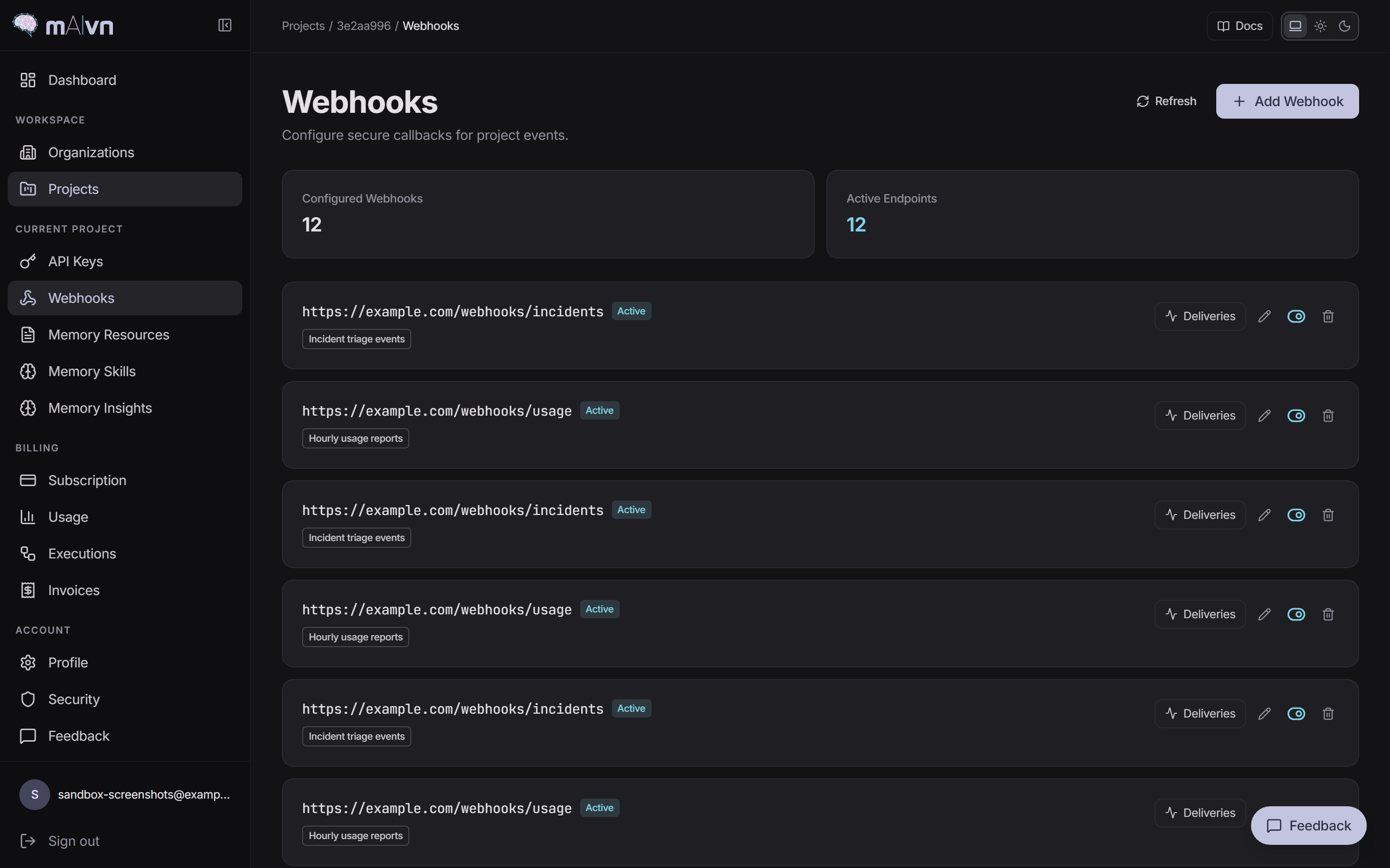 Project webhooks list with active endpoints