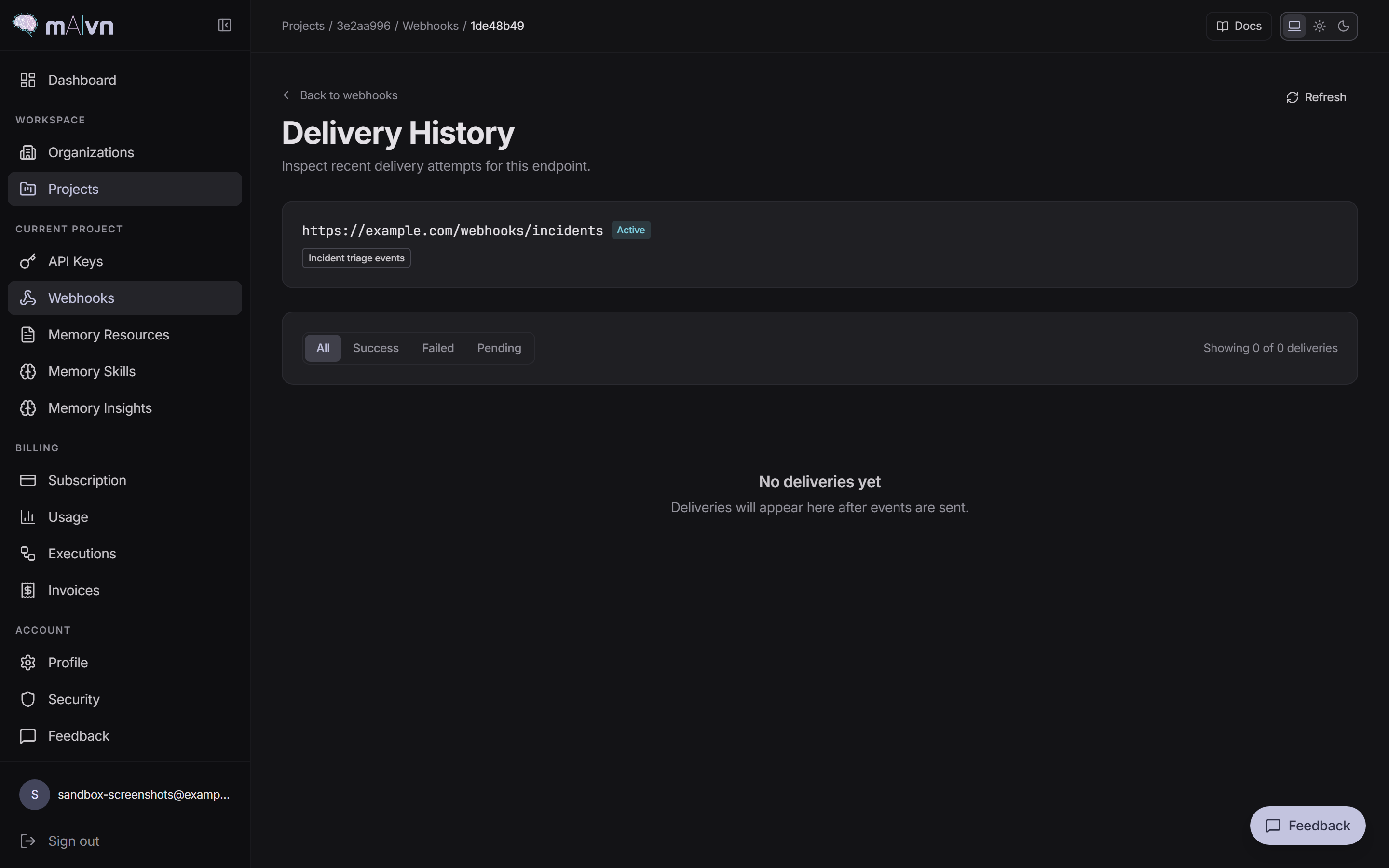 Webhook delivery history page with status filters and empty state