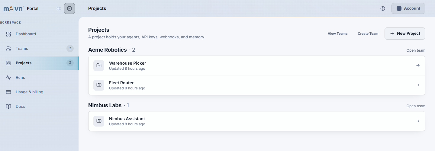Portal project list showing each project's team and status