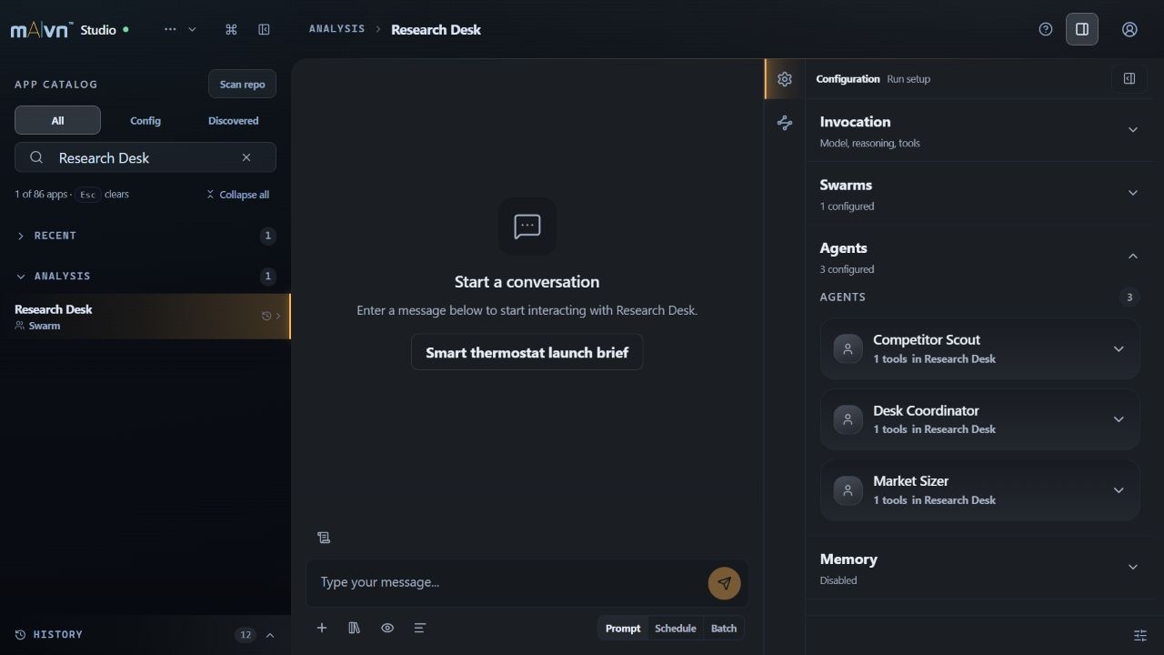 Studio agent cards for the research-desk example