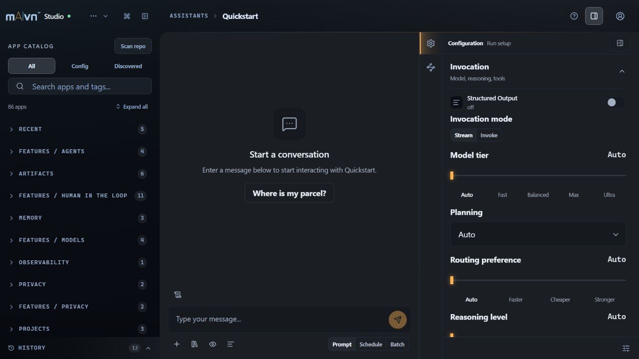 Studio configuration panel beside the quickstart conversation