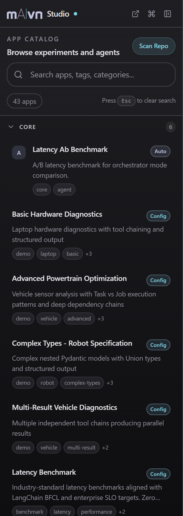 Studio app list and variant selection